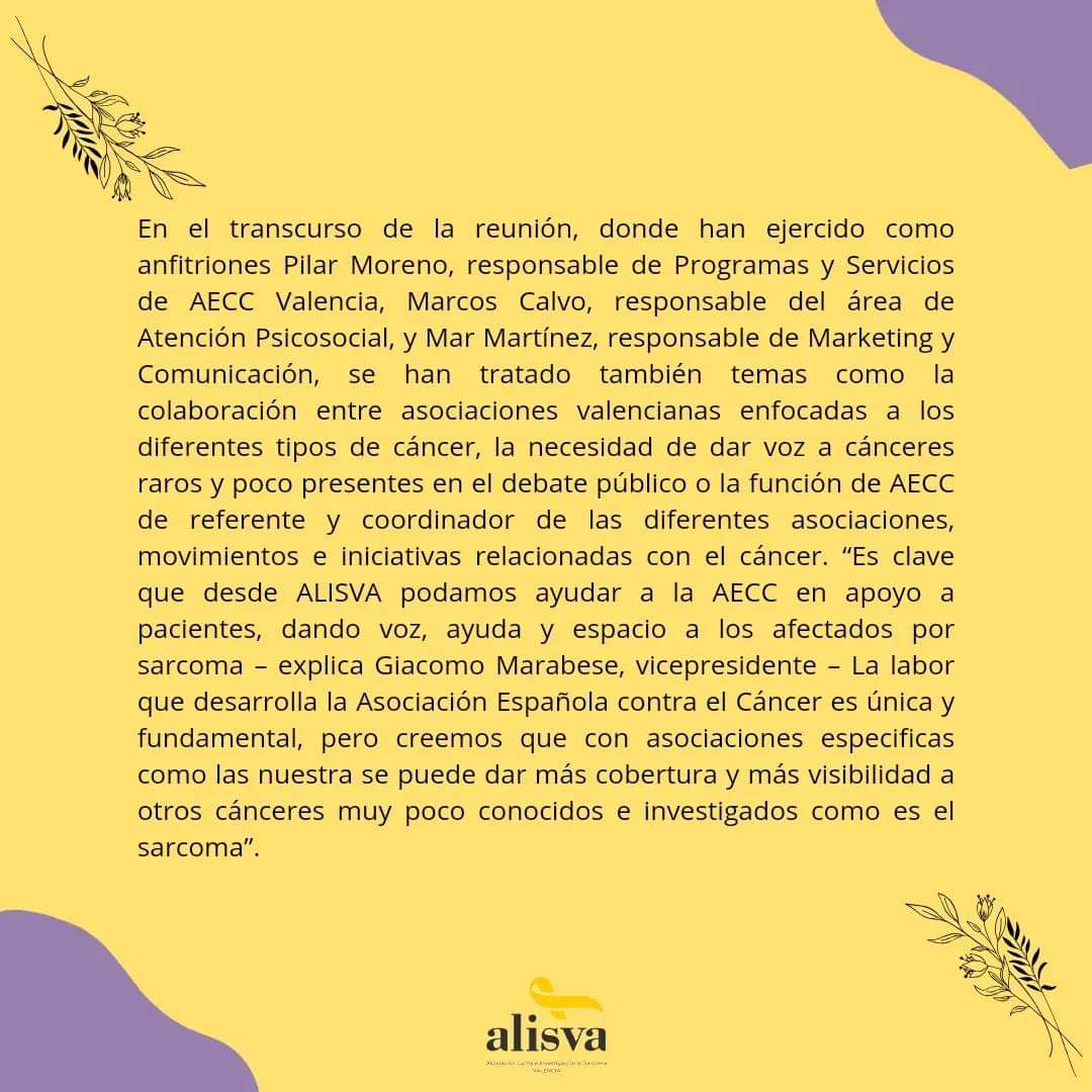 ALISVA_Sarcoma's tweet photo. Colaborando juntos el futuro es mucho más prometedor.

#sarcomasurvivor 
#sarcomachallenge 
#sarcomaawareness 
#sarcomasinovial 
#sarcomadeewing 
#oncologia 
#asociacionespañolacontraelcancer https://t.co/16m5HBD6SY