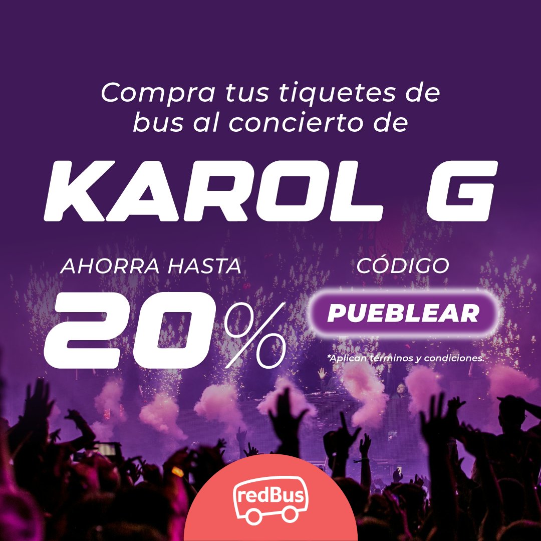 🎶 ¡Prepárate para el concierto de Karol G! 👩‍🎤
Aprovecha el 20% de ahorro  con el código 'PUEBLEAR' hasta el 19 de noviembre  y compra ya tus tiquetes de bus para ir al concierto en Medellín 🎶🤩. 

#KarolG #concierto #medellín #tiquetes #bus