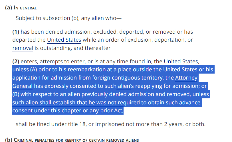 gusbova's tweet photo. The federal illegal reentry law has this "unless" clause, which Texas' law does not have. For goodness' sake why does no one point this out? It's right here on the internet! https://t.co/hWiafc2m47 https://t.co/nle4ORrBIo