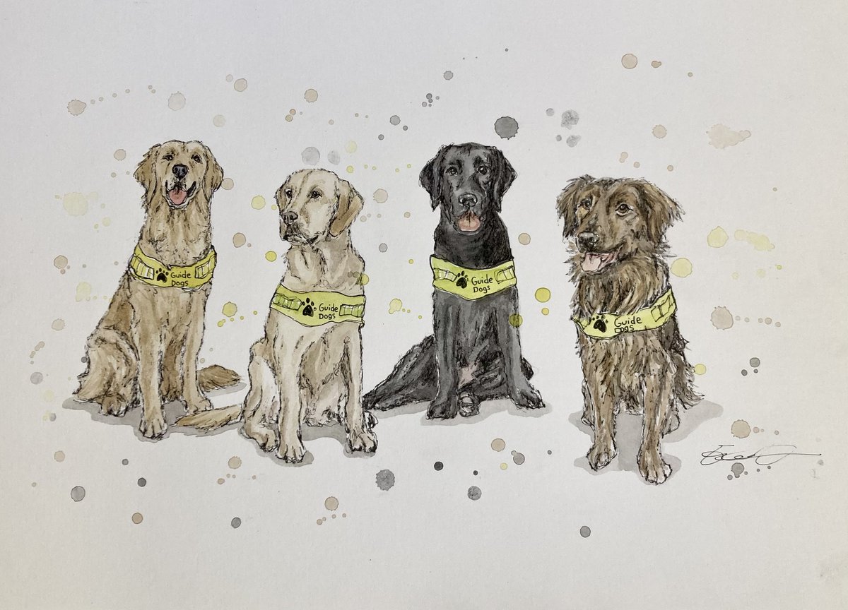 'Training Guide Dogs’ by artist @etomlinson_art 🎨 For this piece, Eleanor worked from photographs taken of NWRC dogs in training🐾 This and other fantastic prizes can be yours if you wish to place a bid in our Christmas auction following this link: uk.givergy.com/GuideDogsAucti…