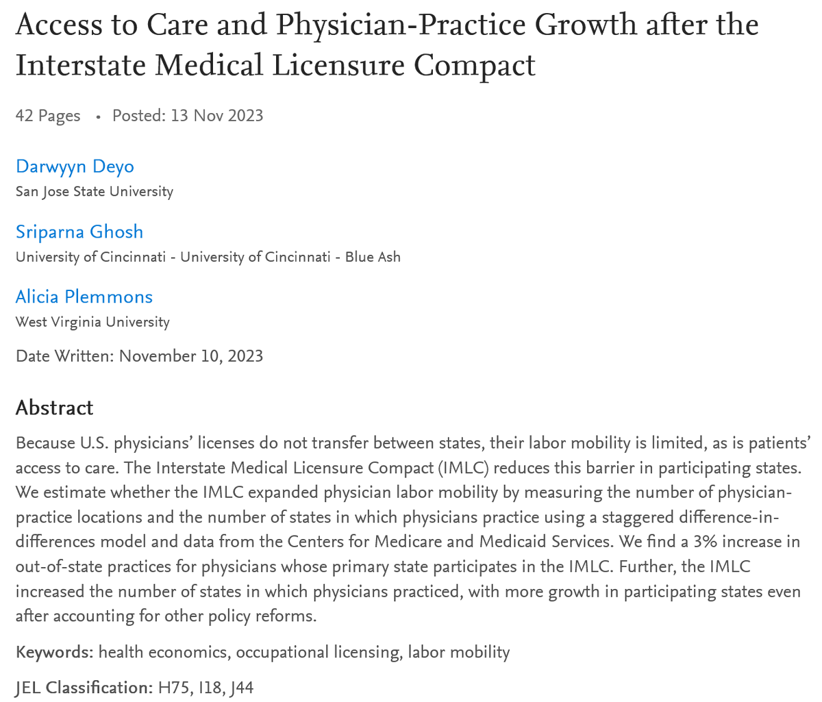darwyyndeyo's tweet photo. I was invited to present my working paper with @sriparnaeco and @Alicia_Plemmons on the Interstate Medical Licensure Compact at the IMLC Commission annual business meeting today! It's great to get research out into the real world. #EconomicsTwitter https://t.co/B3yZMnPKEJ