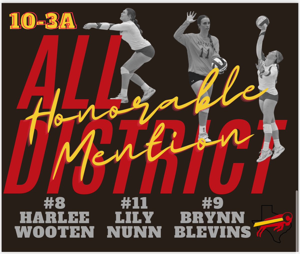 Congratulations to <a href="/harlee_wooten/">harlee wooten</a>, <a href="/brynnblevinss/">brynn</a>, and <a href="/LilyNunn31/">Lily Nunn</a>, for receiving 10-3A All-District Honorable Mention! ❤️🐏💛
