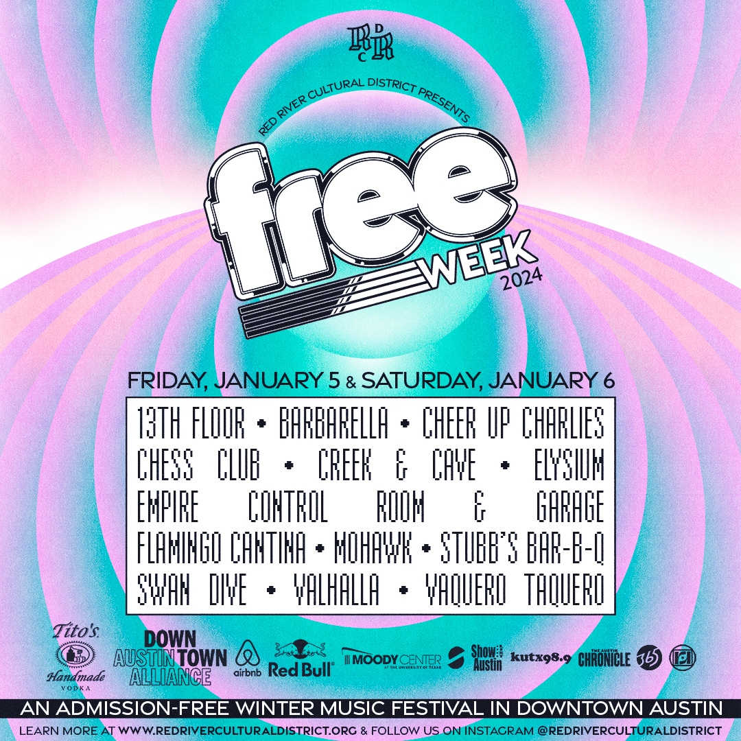 EmpireATX's tweet photo. FREE WEEK is back at Empire y’all!
Join us for #FreeWeekATX, an admission-free winter music festival taking over a dozen music venues in downtown Austin on January 5-6 presented by our friends at the #RedRiverATX ❤️🔥
Full lineup coming soon #DefendRedRiver https://t.co/MWxk29VS5v