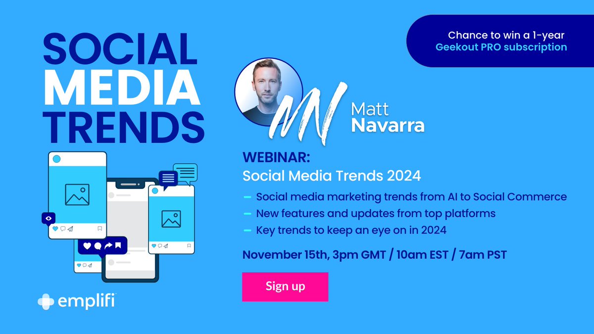 Social media marketers, future-proof your 2024 planning! ⚡📆 Join us TOMORROW for a webinar with @MattNavarra on key trends in social media and what to look out for next year. Register here: bit.ly/3SyvAGS