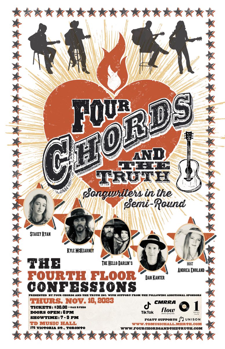 🎶 Get ready for an incredible night as @Fourchordstruth returns this Thursday with talented songwriters @staceyryanmusic, @dankanter, @imkylemckearney, & @thehellodarlins! 🎤 Secure your tickets before they're gone! 🎫 tdmusichall.mhrth.com/tickets/four-c…