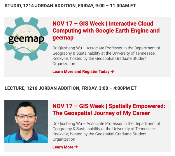 NCSUgeospatial's tweet photo. This Friday (11/17), join us for a special GIS Week Geospatial Forum double-header with Qiusheng Wu (@giswqs) of @UTKGeography. Watch live, or view the recordings later on our YouTube channel. Details: https://t.co/DMSoBazEu0 https://t.co/6WKVs3dKeG