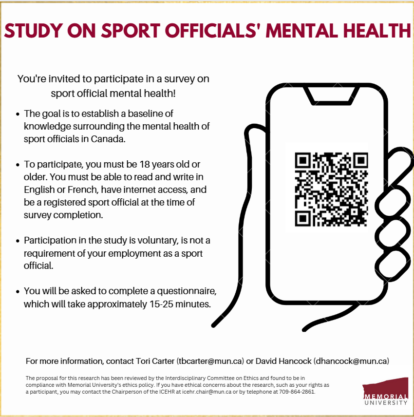 📢 Officials 📢 Please consider taking 15 minutes to participate in this study on mental health of officials. Research projects like this help improve our program, so better to have more Hockey Canada officials participating! Must be 18+ years old
LINK: mun.az1.qualtrics.com/jfe/form/SV_0c…