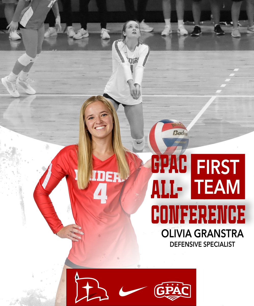 𝙁𝙄𝙍𝙎𝙏 𝙏𝙀𝘼𝙈 𝘼𝙇𝙇-𝘾𝙊𝙉𝙁𝙀𝙍𝙀𝙉𝘾𝙀 ‼️🥇

Congrats to the four First Team All-Conference performers, joining De Haan &amp; Metzger!

🏐 𝘼𝙡𝙮𝙨𝙚𝙣 𝘿𝙚𝙭𝙩𝙚𝙧
🏐 𝙊𝙡𝙞𝙫𝙞𝙖 𝙂𝙧𝙖𝙣𝙨𝙩𝙧𝙖

#RaidersStandOut | <a href="/NWCVolleyball/">NWC Volleyball</a> | <a href="/GPACSports/">Great Plains Athletic Conference</a>