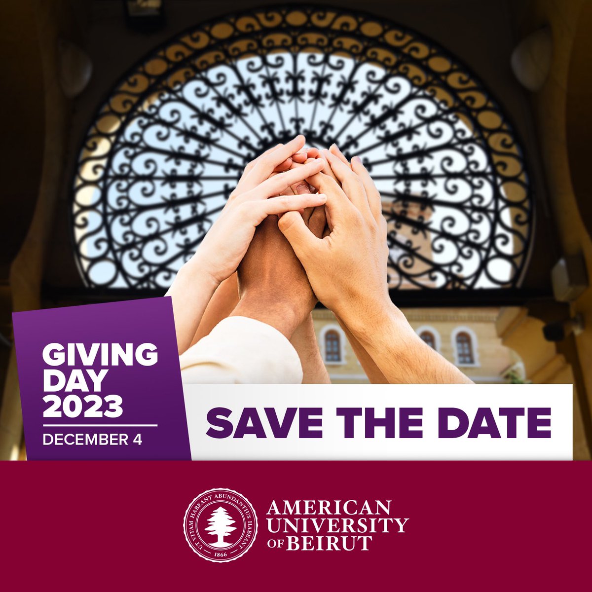 AUB_Lebanon's tweet photo. Mark your calendars! 📆The AUB family is coming together for its global Giving Day on December 4th. Join us in the spirit of giving and making a positive impact. Save the Date for a day of generosity, unity, and support! 
#AUB #AUBGivingDay https://t.co/bvK5NrUCIj