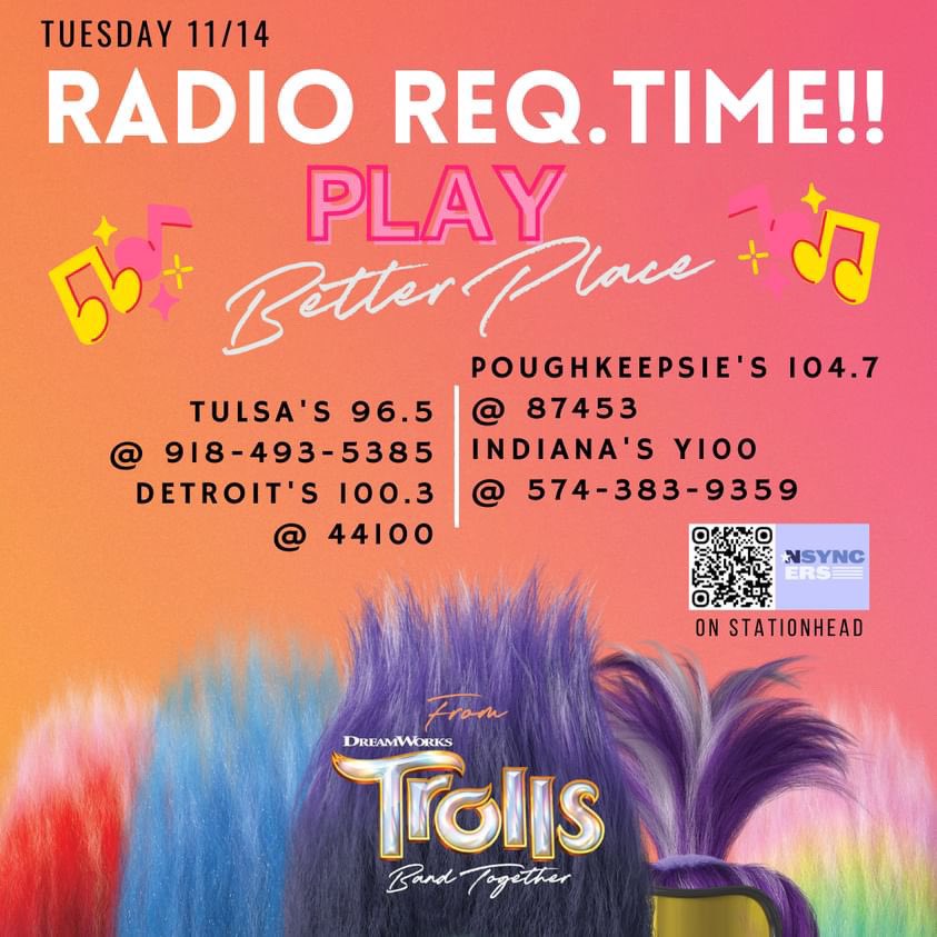 hillymob1's tweet image. 💫Happy Premiere Eve!💫

Ran out of time yesterday so here’s 2 batches of stations to txt &amp;amp; request “Better Place”!  #NSYNC_Better_Place
@NSYNC @JohnnyWrightWEG @daddioraddio @KeithRothschild @RCAPromo @RCARecords #NSYNC