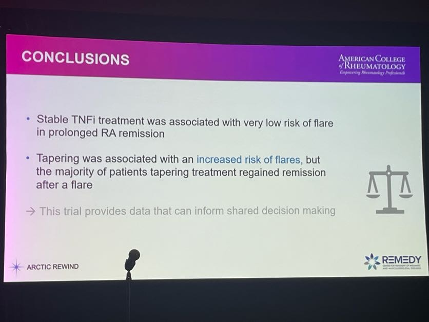 Excellent pragmatic RCT, TNF withdrawal in RA

Almost 2/3 flared by 1 yr; at 3 years up to 3 in 4

Supports my practice of generally continuing TNFs long term

Also highlights importance of pt preferences; 1 in 4 may do well if they wish to discontinue

@RheumNow #ACR23 #ACRBest