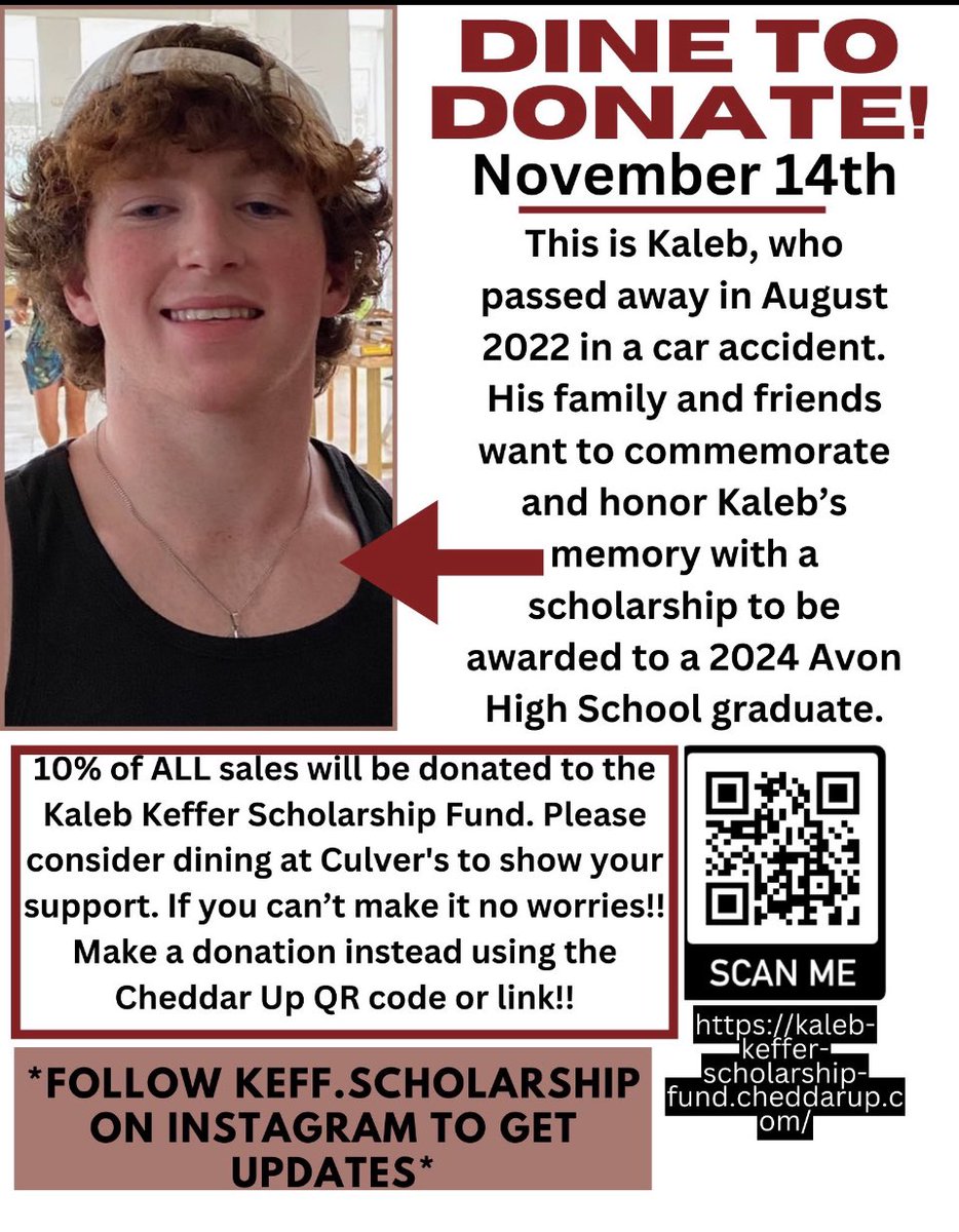 Tonight(Nov. 14th) is the dine to donate night at Culver’s from 4-8pm. Come for dinner to support the Kaleb Keffer scholarship fund.
#AlwaysanEagle