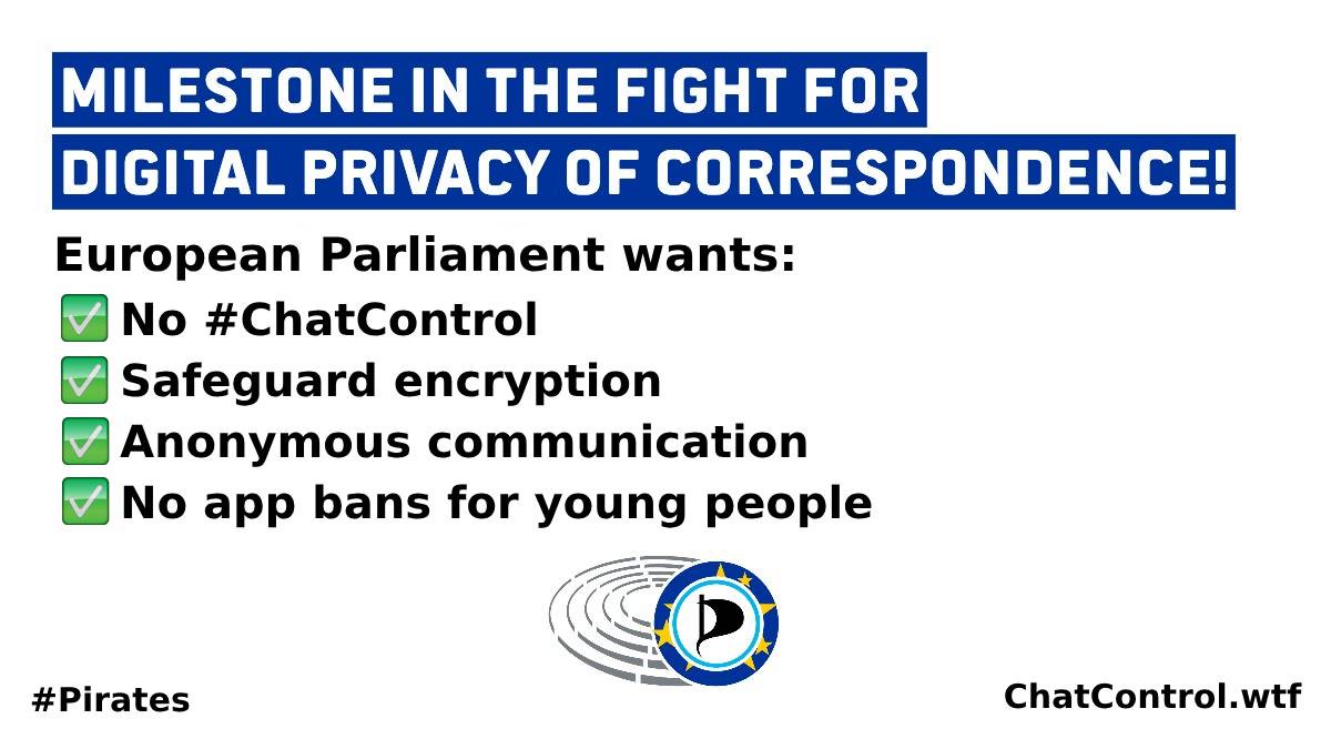 🇬🇧 Great success: Nearly unanimous rejection by EU Parliament of #ChatControl and destroying secure encryption! We are protecting our digital freedoms & our children online! patrick-breyer.de/en/historic-ag…