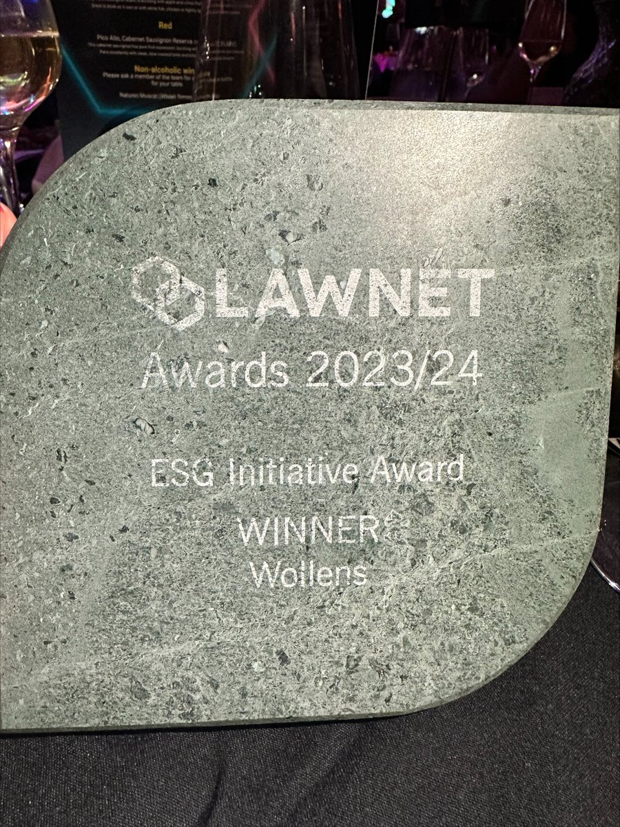 Delighted to be awarded the ESG Initiative Award at the LawNet Ltd annual awards! 👏 🥇
The judges recognised that Wollens believe that sustainability is fundamental to the success of our business and communities. 
lawnet.co.uk/news-blog/lawn… #LNconf23 #LNawards23 #PlanetMark