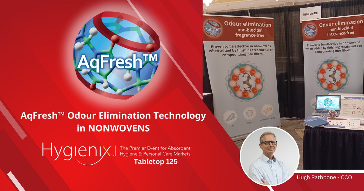 aqdot's tweet image. Thrilled to be at #Hygienix (Tabletop 125) showcasing our AqFresh™ Odour Elimination Technology! Join us to discover how AqFresh™ can elevate your nonwoven products. bit.ly/46cYRue
