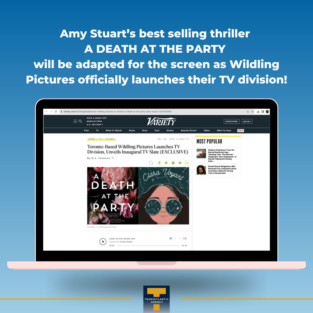 Transatlantic Agency (@translitagency) on Twitter photo Transatlantic is thrilled to share that Amy Stuartβs best selling thriller A DEATH AT THE PARTY will be adapted for the screen as <a href="/WildlingPicture/">Wildling Pictures</a> officially launches their TV division!
For all the details, click here: bit.ly/49Apwnu
<a href="/AmyfStuart/">Amy Stuart</a> is repped by <a href="/s_haywood/">Samantha Haywood</a> Transatlantic is thrilled to share that Amy Stuartβs best selling thriller A DEATH AT THE PARTY will be adapted for the screen as <a href="/WildlingPicture/">Wildling Pictures</a> officially launches their TV division!
For all the details, click here: bit.ly/49Apwnu
<a href="/AmyfStuart/">Amy Stuart</a> is repped by <a href="/s_haywood/">Samantha Haywood</a>
