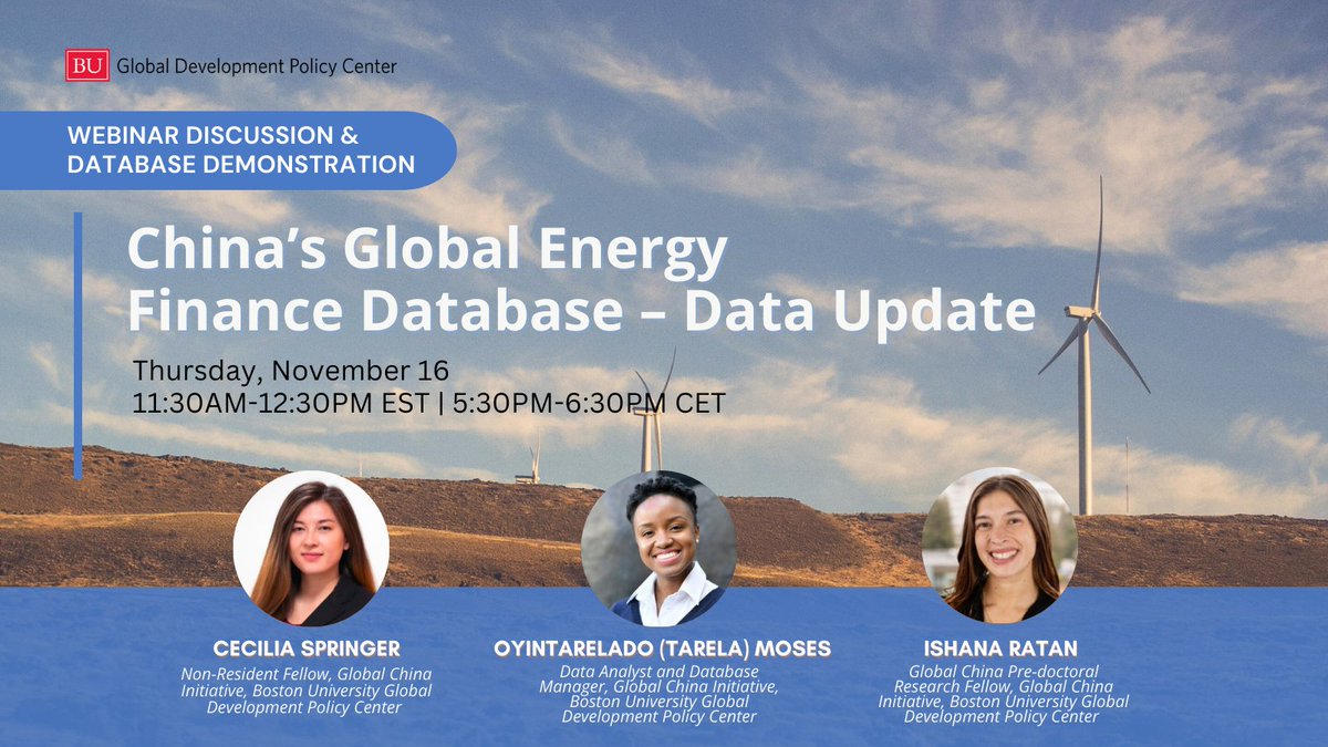 Join us on Thurs., Nov. 16 for a webinar discussion on the state of 🇨🇳China’s global energy finance during a period of flux + a demonstration of the China’s Global Energy Finance Database ft. <a href="/han_cecilia/">Cecilia Springer</a> <a href="/TarelaMoses/">Tarela Moses</a> + <a href="/IshanaRatan/">Ishana Ratan</a>: gdpcenter.org/3ueybvG