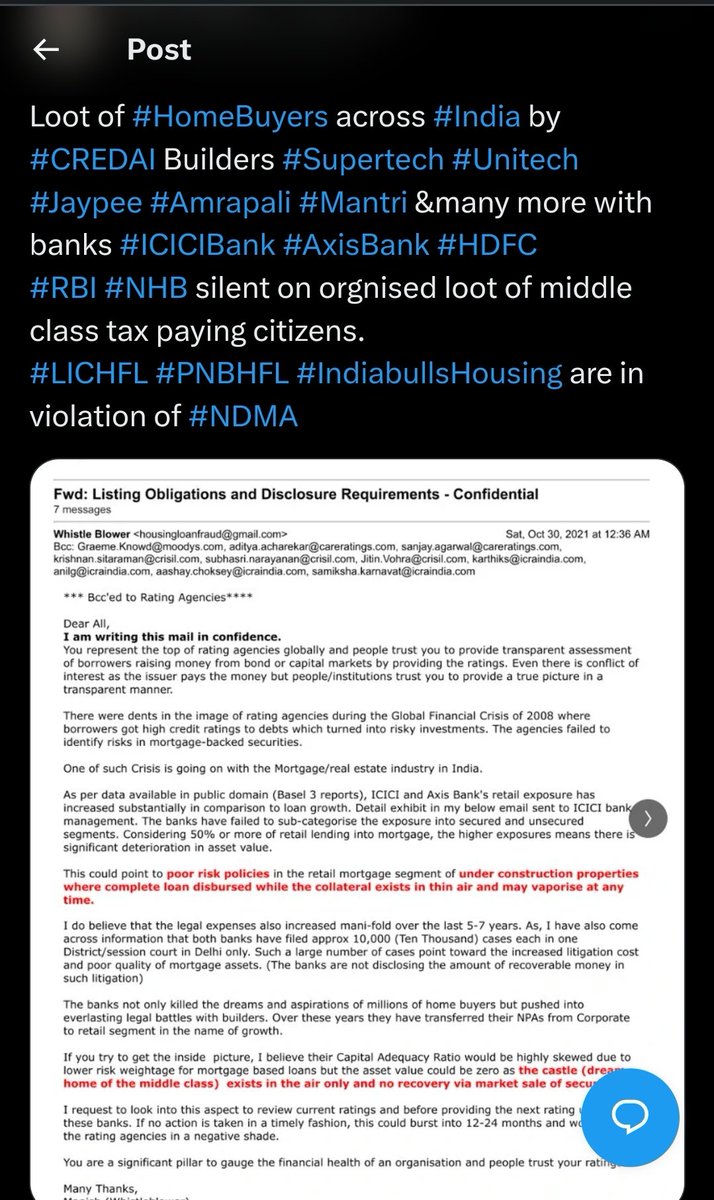 Whistle90827204's tweet photo. Lakhs of #CheatedHomeBuyers became bonded labourers of #ICICIBANK #HDFCBank #AxisBank without getting home trapped into ponzi schemes by bank management
Loot of #HomeBuyers across #India by #CREDAI Builders #Supertech #Unitech #Jaypee #Amrapali #Mantri &many more with banks #ICICIBank #AxisBank #HDFCBank 
#RBI #NHB silent on orgnised loot of #middleclass tax paying citizens.
#KabMilegaApnaGhar