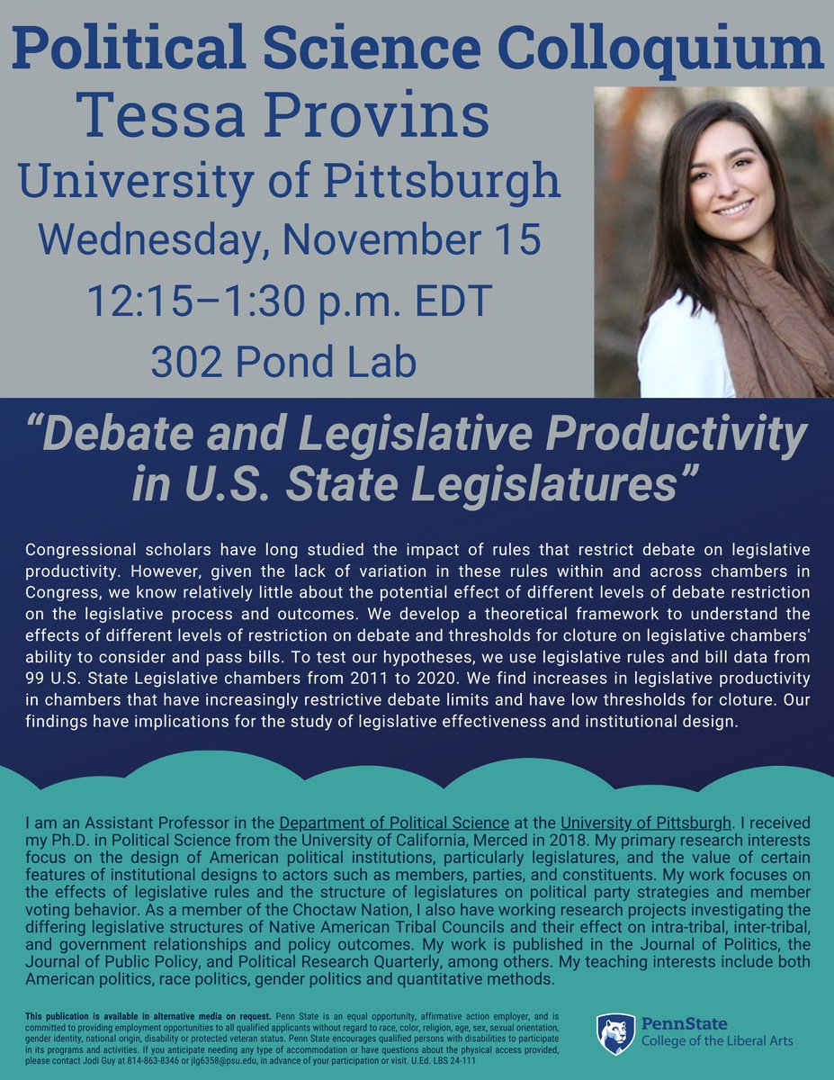 Excited to welcome <a href="/TessaProvins/">Tessa Provins</a> to <a href="/psupolisci/">Penn State Political Science</a> and State College tomorrow! Please join us in Pond Lab at 12:15 for "Debate and Legislative Productivity in U.S. State Legislatures."
