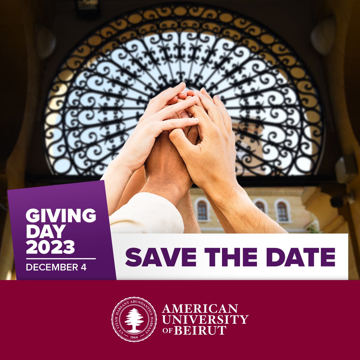 aubhson's tweet photo. Mark your calendars! 📆The AUB family is coming together for its global Giving Day on December 4th. Join us in the spirit of giving and making a positive impact. Save the Date for a day of generosity, unity, and support! @AUB_Lebanon
#AUB #AUBGivingDay https://t.co/5z6GYHGUfW