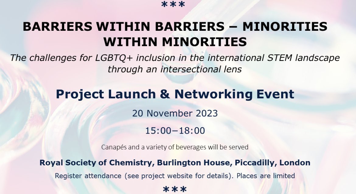 Calling all of our 500 Queer Scientists members from the UK! There will be project launch and networking event for the Barriers within Barriers project hosted at @RoySocChem on November 20th! Learn more and register here 👇 …eanorglanvilleinstitute.lincoln.ac.uk/assets/downloa…