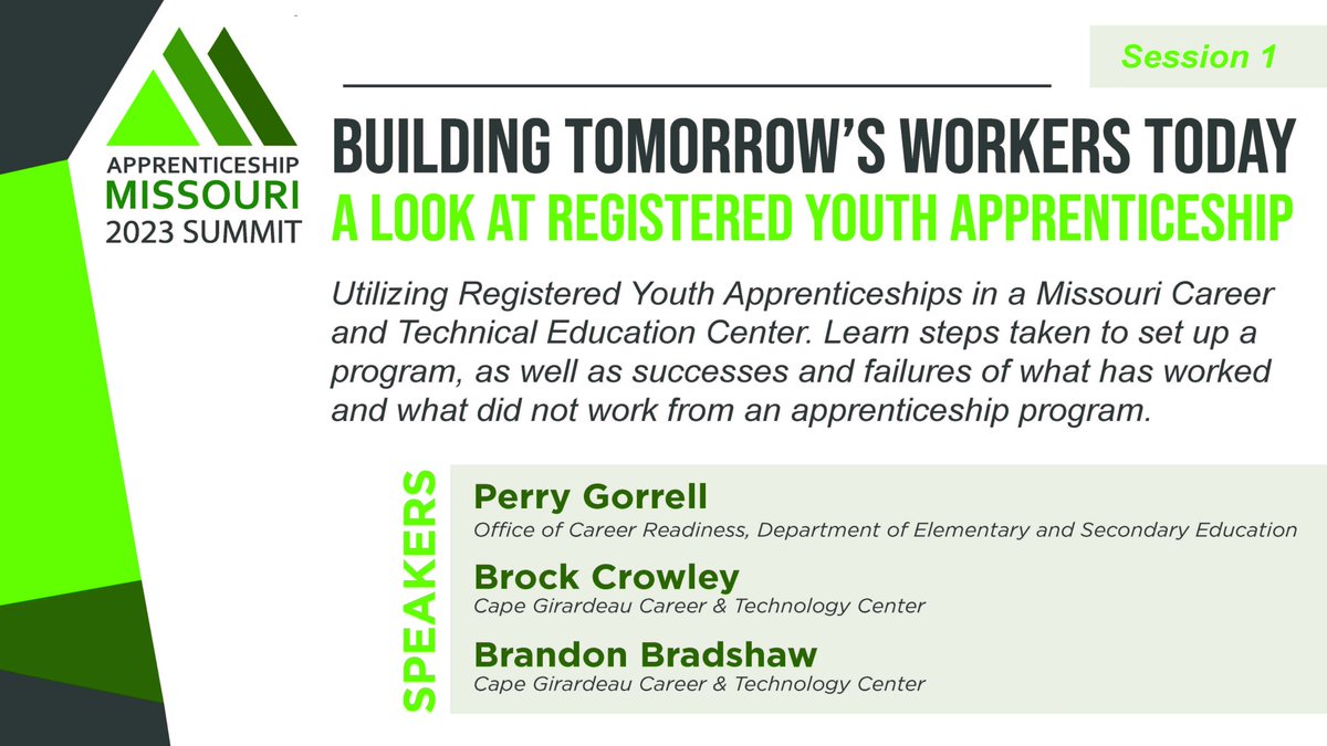 Our first session of the day features Perry Gorrell from @MOEducation along with Brandon Bradshaw and Brock Crowley from the Cape Girardeau Career & Technology Center. Excited to hear about the great opportunities available through Registered Youth Apprenticeships. #MoApprentices