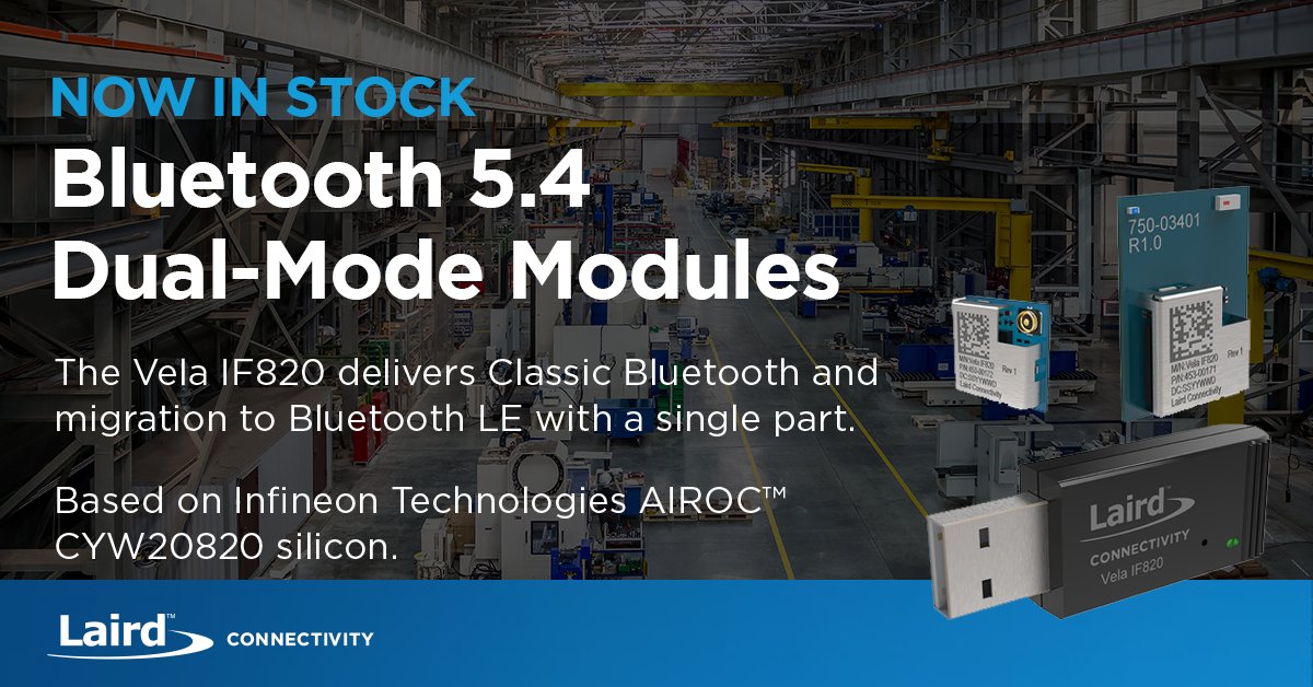 ezurio_llc's tweet image. The Vela IF820 #Bluetooth modules are now in stock. Based on @Infineon AIROC™ CYW20820 silicon, this range of dual mode flexible modules and DVKs allows a single module to cover legacy Classic Bluetooth and migration to #BluetoothLE with a single part: bit.ly/3MHqG6U