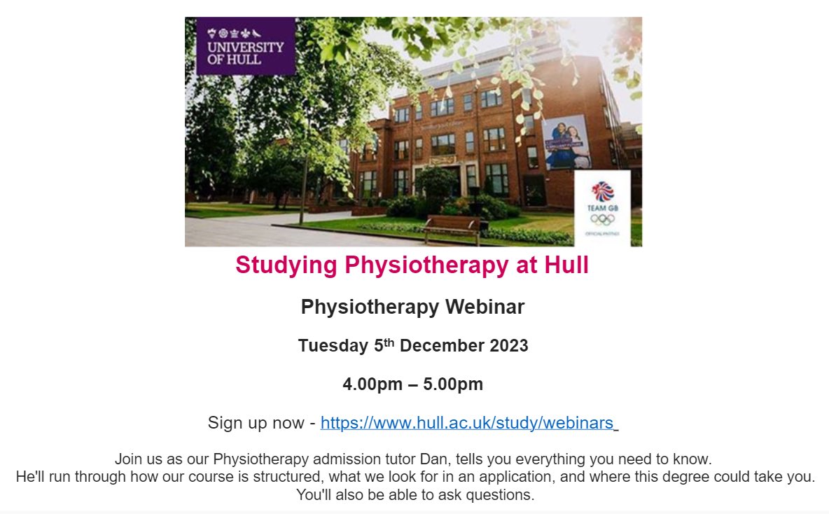 dan_lethbridge's tweet photo. Anyone who is considering a career in Physiotherapy please book onto the University of Hull Physiotherapy webinar via the following link https://t.co/Ml4GHVMLqt
Retweets really appreciated!! @HullUniPhysio @BillingMartin @thecsp @Retlouping @tomgoom https://t.co/nSZhRo1cHs