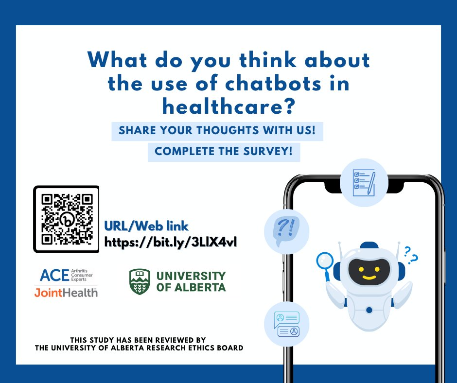 We invite you to join our research study exploring the role of chatbots - computer programs/applications that can dialogue with users. Take the short 5-min survey: bit.ly/3LlX4vl @SpArthritis @LupusCanada @VCHhealthcare @UBCmedicine @UAlberta_FoMD @RheumAb