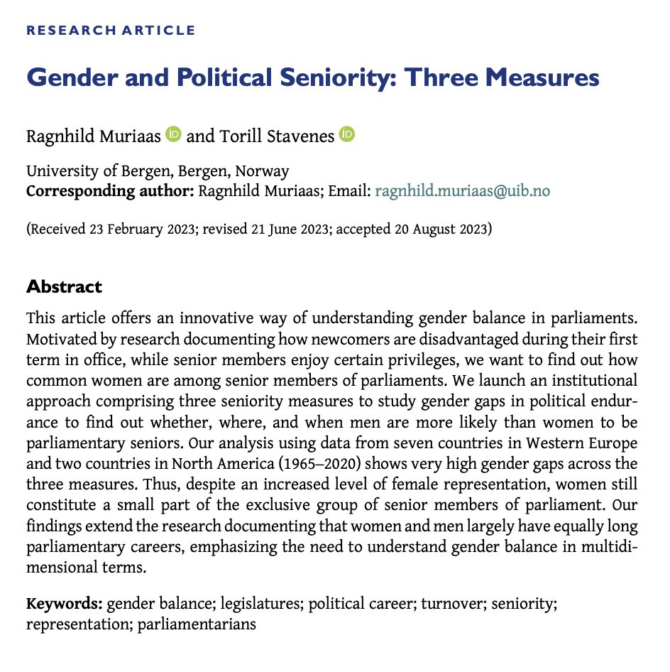 📣 Out on #FirstView &amp; #OpenAccess 📣 <a href="/RMuriaas/">Ragnhild L Muriaas</a> <a href="/TorillStavenes/">Torill Stavenes</a> ask whether increased levels of female representation in Europe and North America translates to more women as senior members of parliament in 'Gender and Political Seniority: Three Measures' cambridge.org/core/journals/…