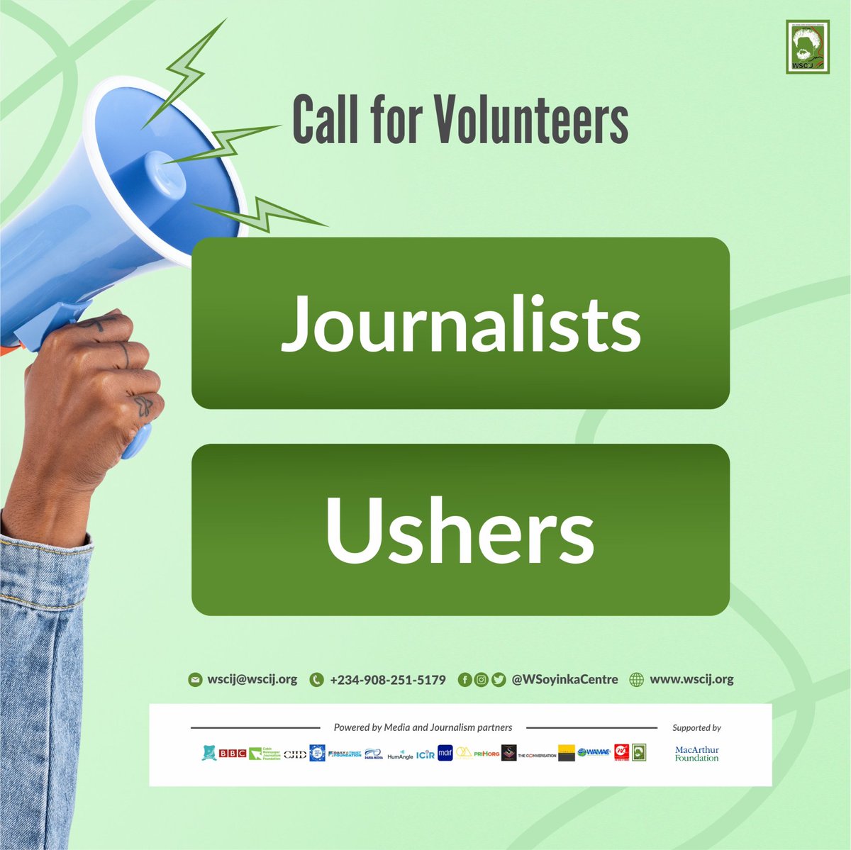 .@WSoyinkaCentre is looking for dedicated volunteers (journalists and ushers) for the 2023 Amplify In-depth Media Conference and Award scheduled for Friday 8 and Saturday 9 December. Deadline: Thursday 23 Nov. Click bit.ly/AIMCAVolunteers to apply. #AIMConference #WSAIR2023