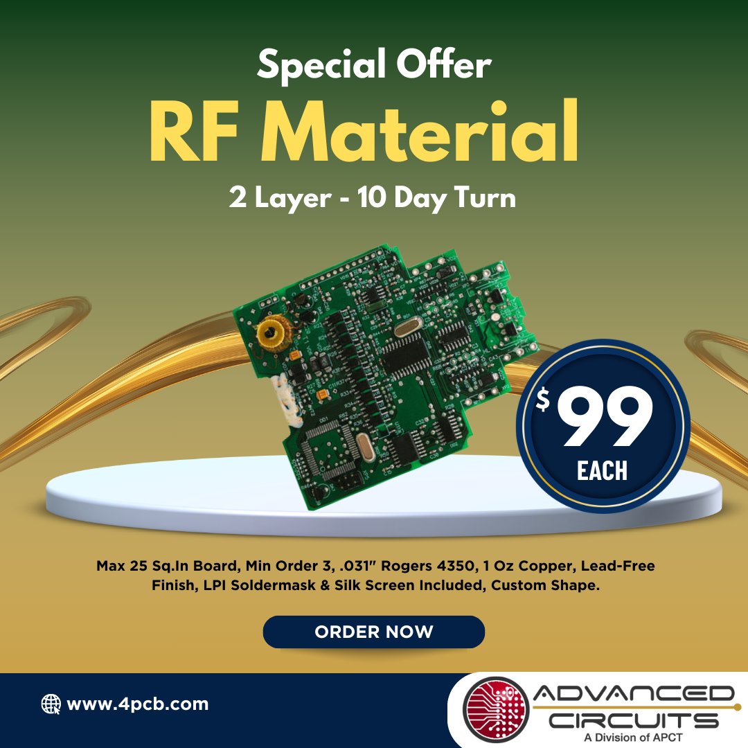 AC4PCB's tweet image. RF PCBS for $99 Each! Full Spec RF PCBs: 2-Layer PCB - 10-Day Turn Time!

✔ Maximum Board Size: 25 sq. in.
✔ Minimum Order Quantity: 3
✔ .031&quot; Rogers 4350 Materi
✔ Custom Shape

For More Information on This special or to Browse other Promotions Visit: bit.ly/3QENmpo