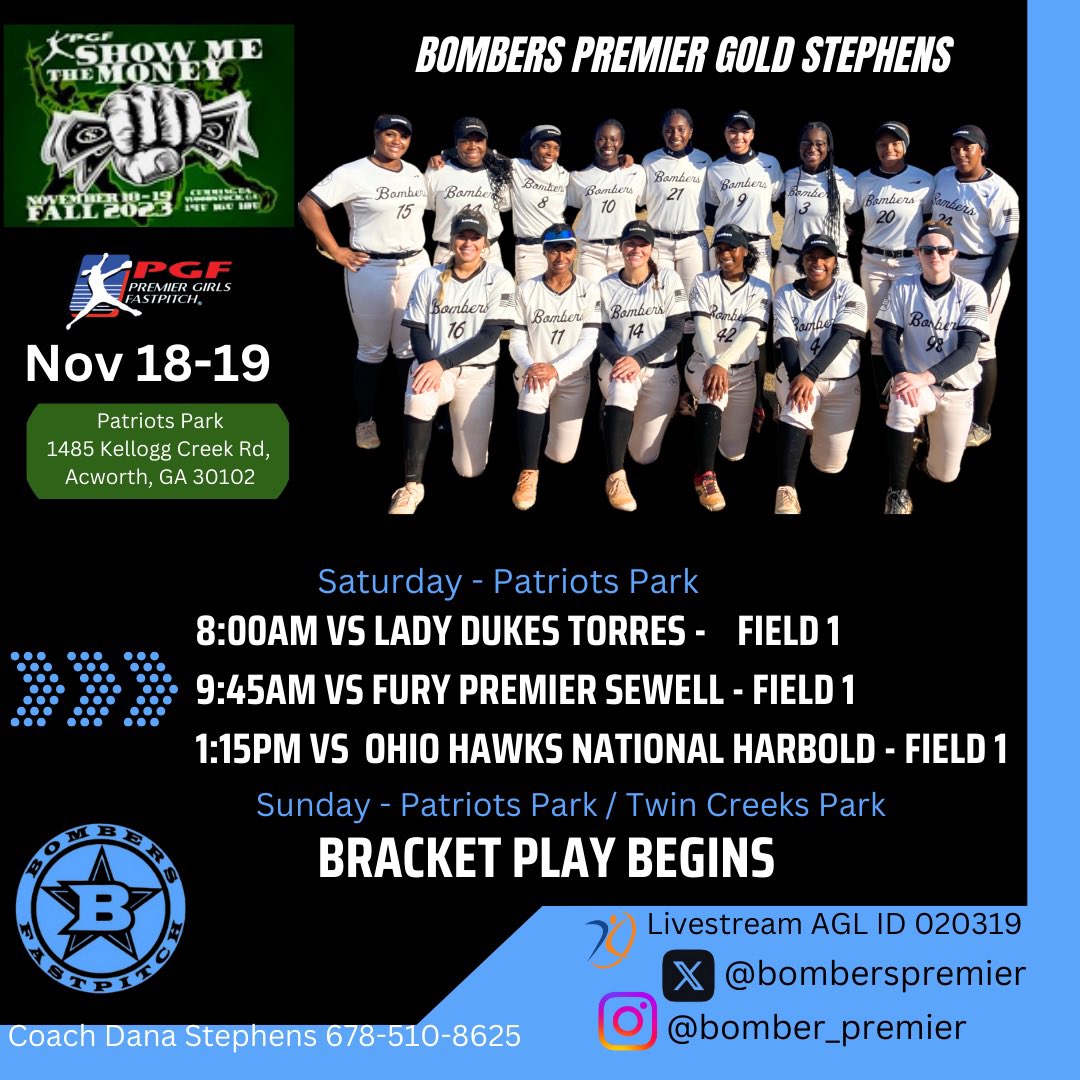 bomberspremier's tweet photo. Finishing the Fall season with the @PGFnetwork Show Me the Money tournament at Patriots Park in Acworth GA. Come check us out! https://t.co/03SWrkXpuQ