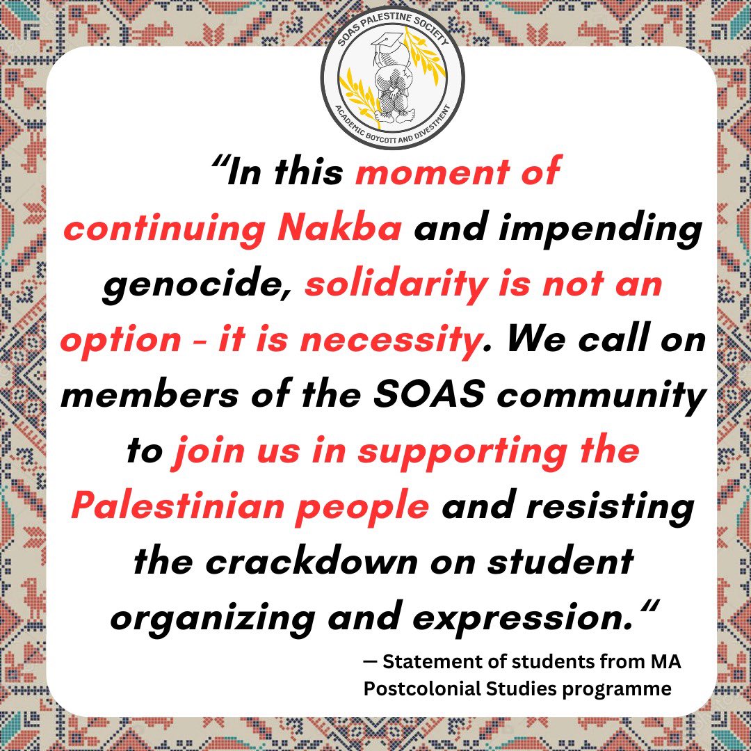 Students from MA Postcolonial Studies have written to their department demanding they take action on suspended students for showing solidarity with Gaza against Israel’s genocidal actions. 

We are calling of students of other courses to do the same. We will not be silenced! ⬇️