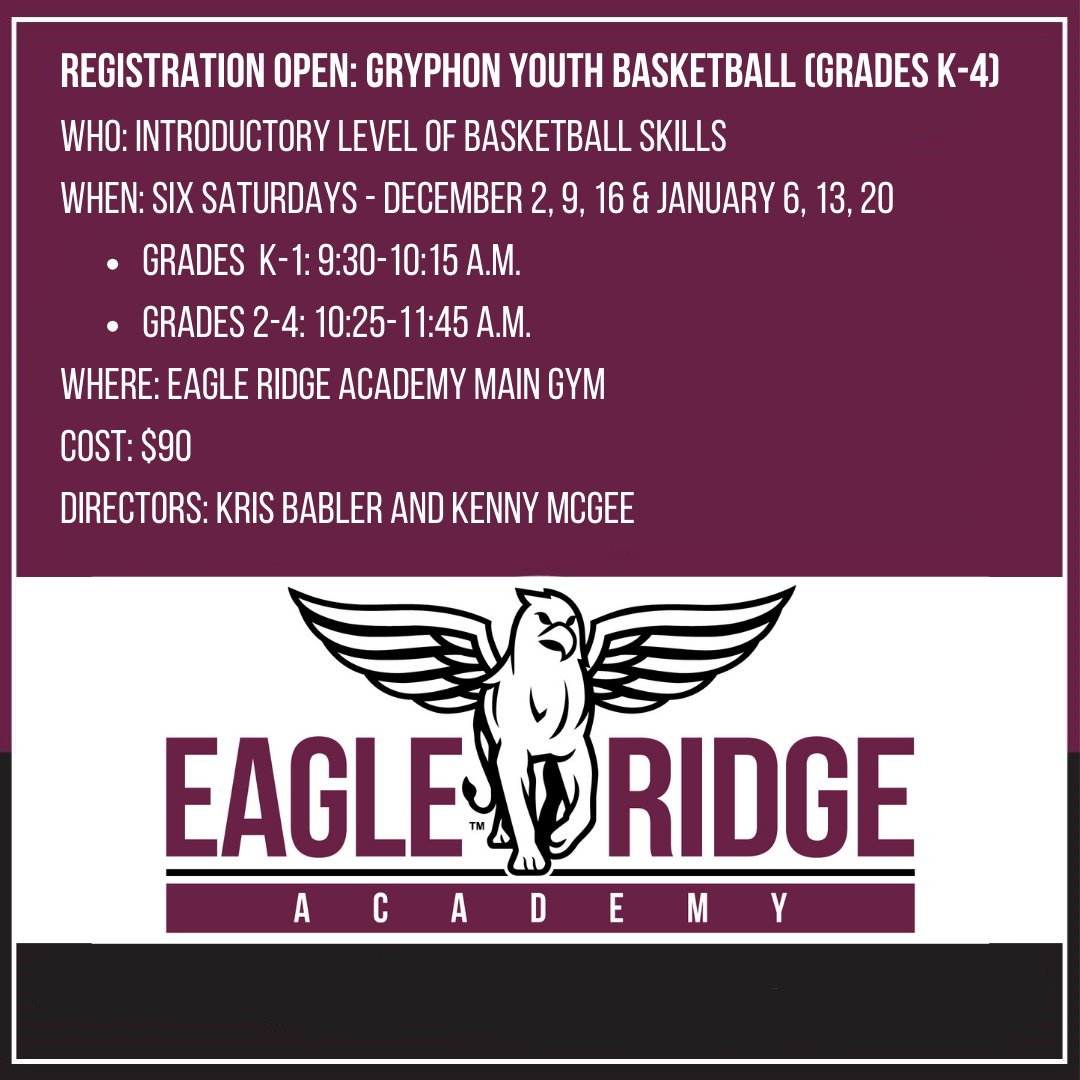 New winter activities have been added, including Gryphon Youth Basketball (Grades K-4), Inquisitive Artistry (Grades 4-6), and Boys Hockey (Grades 9-12). Learn more about these new offerings  and register today at era-ar.rschooltoday.com. #GoGryphons