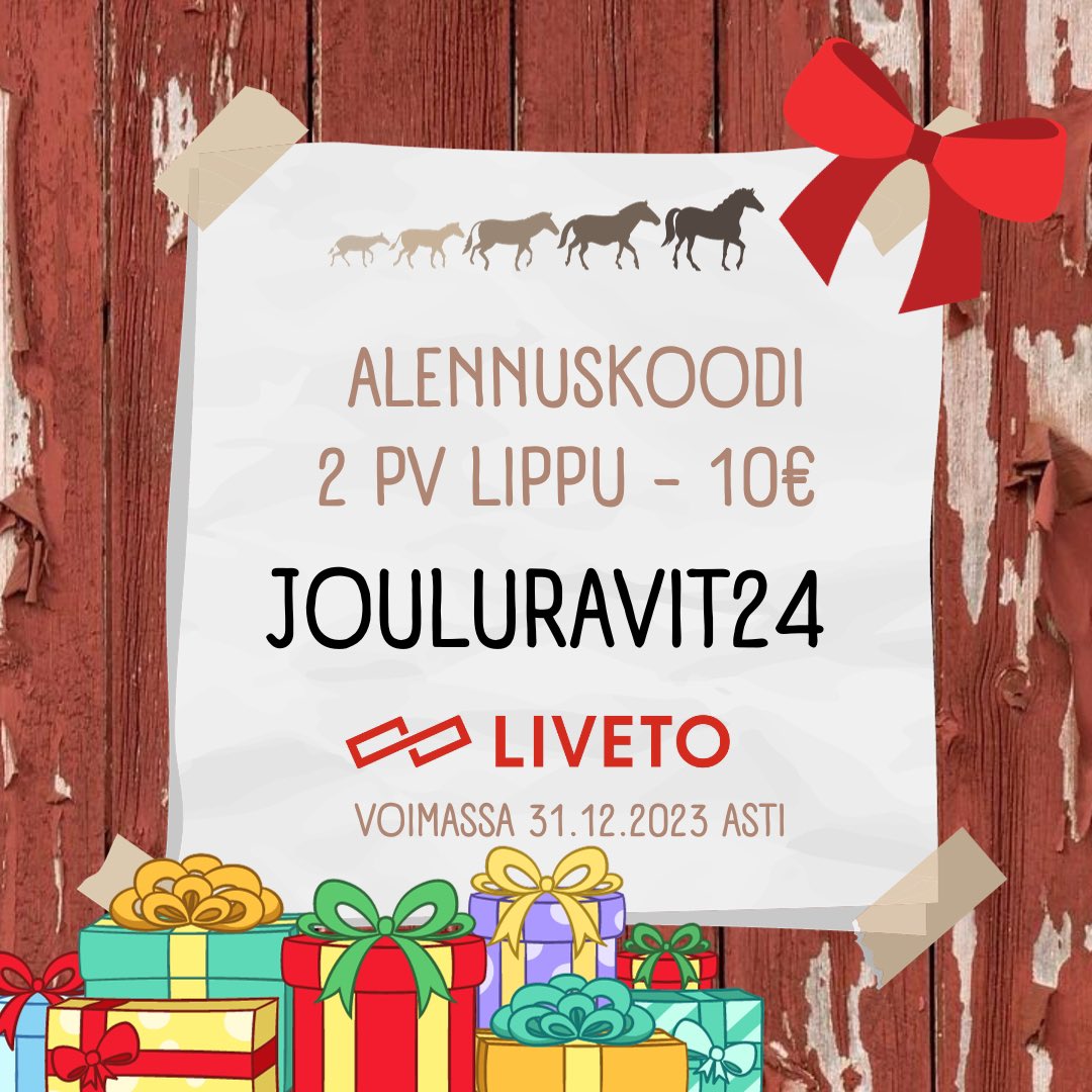 Huikea joulutarjous! 🎁🎄👀

Jämsän Ravit 2 päivän ennakkolippu 1 päivän hintaan koodilla JOULURAVIT24.

Koodi toimii ennakkolippujen oston yhteydessä Livetossa osoitteessa 👉 events.liveto.io/events/jamsan-…

Jämsän Ravit 6. &amp; 7.7.2024 🐴

#jämsänravit #ravit #kesäravit