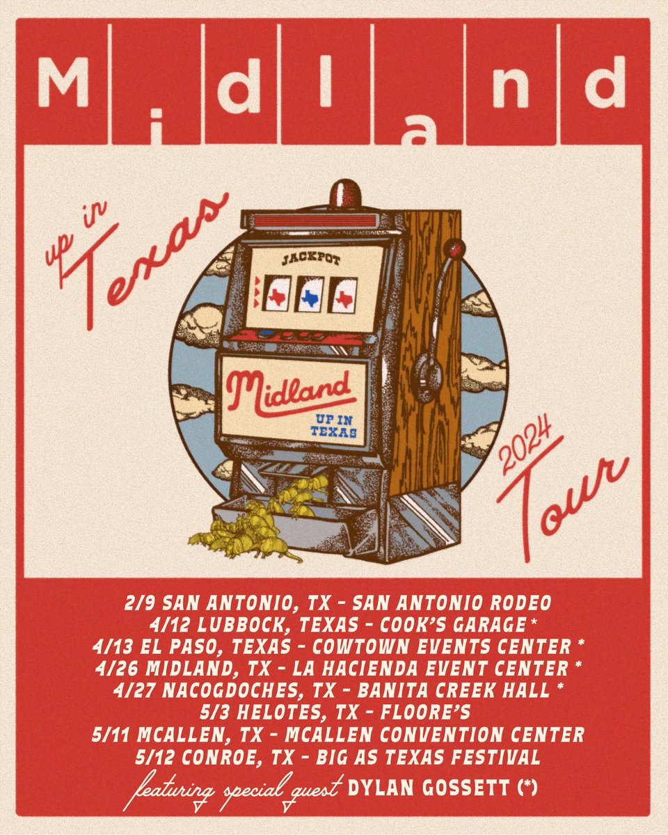 MidlandOfficial's tweet photo. Texas, we’re headed your way on our very own, Up In Texas Tour. Tickets and VIP go on sale Friday at 10a local time. Our pal &amp; special guest @dylangossett will be joining for select dates in April. We can’t wait to see y’all. Cheers 🍻

Presale: GATORBOYS 
https://t.co/RDenLybQg5 https://t.co/ML5EZTIDJT