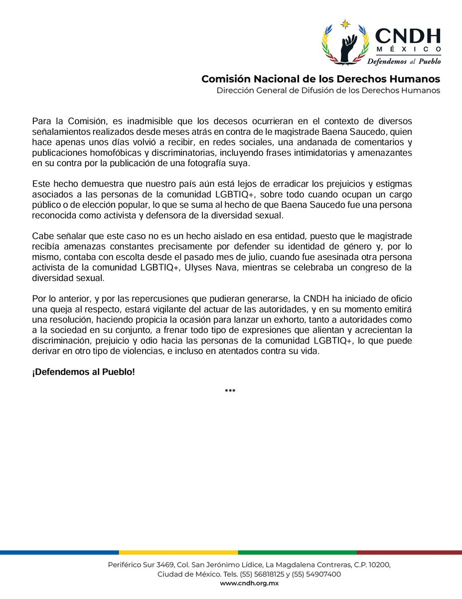 Lamentamos los fallecimientos no esclarecidos de le magistrade Jesús Ociel Baena Saucedo y de Dorian Daniel Nieves Herrera, ocurridos en el estado de #Aguascalientes, y reclamamos asumir la investigación del caso con perspectiva de #DerechosHumanos.

#DefendemosAlPueblo