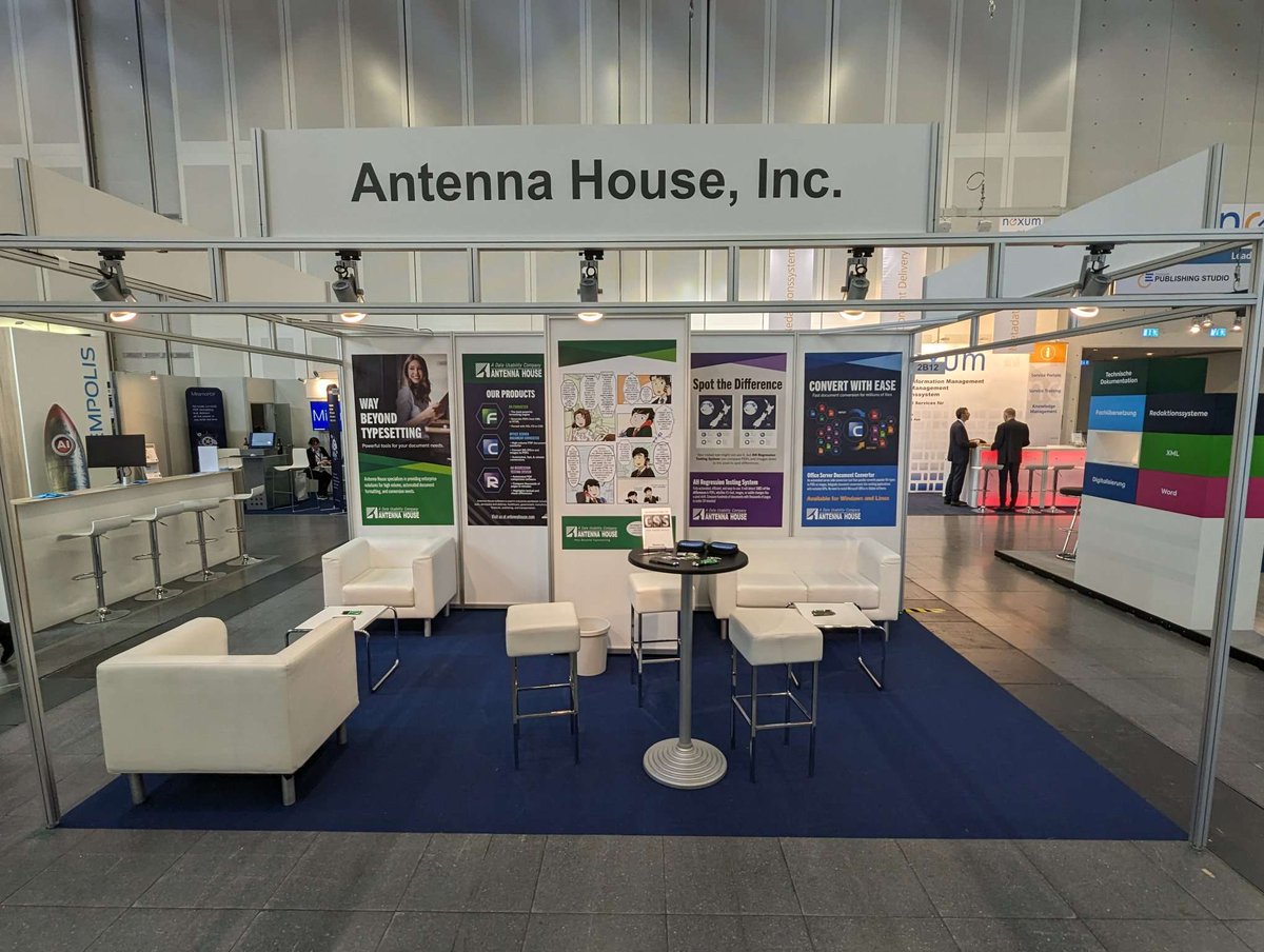 AntennaHouseUSA's tweet photo. Antenna House is at Tekom 2023, in Stuttgart! Stop by and ask about XML document formatting for PDF publishing!
#tcworld #tekom https://t.co/EP7TVCcLg9