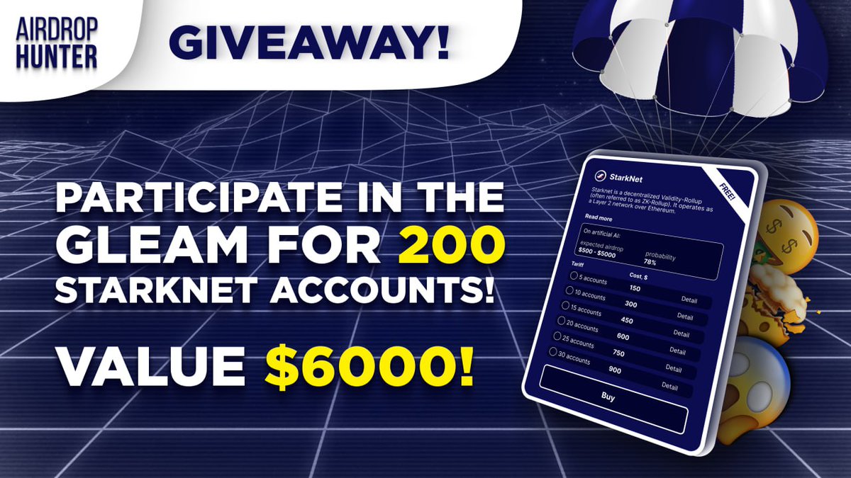 🤔 Want to significantly increase your potential $STRK airdrop?

😎 AIRDROP HUNTER announces

<a href="/Starknet/">Starknet (BTCFi arc)</a> Card Giveaway! 🥳

🔽 Join Gleam to participate   

gleam.io/lUF9g/starknet…

🏁 Don't miss the chance to be eligible for $1,5B airdrop! 

#Giveaway #Starknet #airdrops