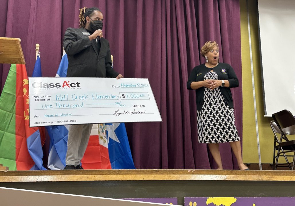 Thank you to @classactfcu for our first Heroes of Education grant! Mr. Germaine Randolph presented us with a check of $1000 at convocation last week! We are grateful and thankful for the support from Class Act and Mr. Randolph.