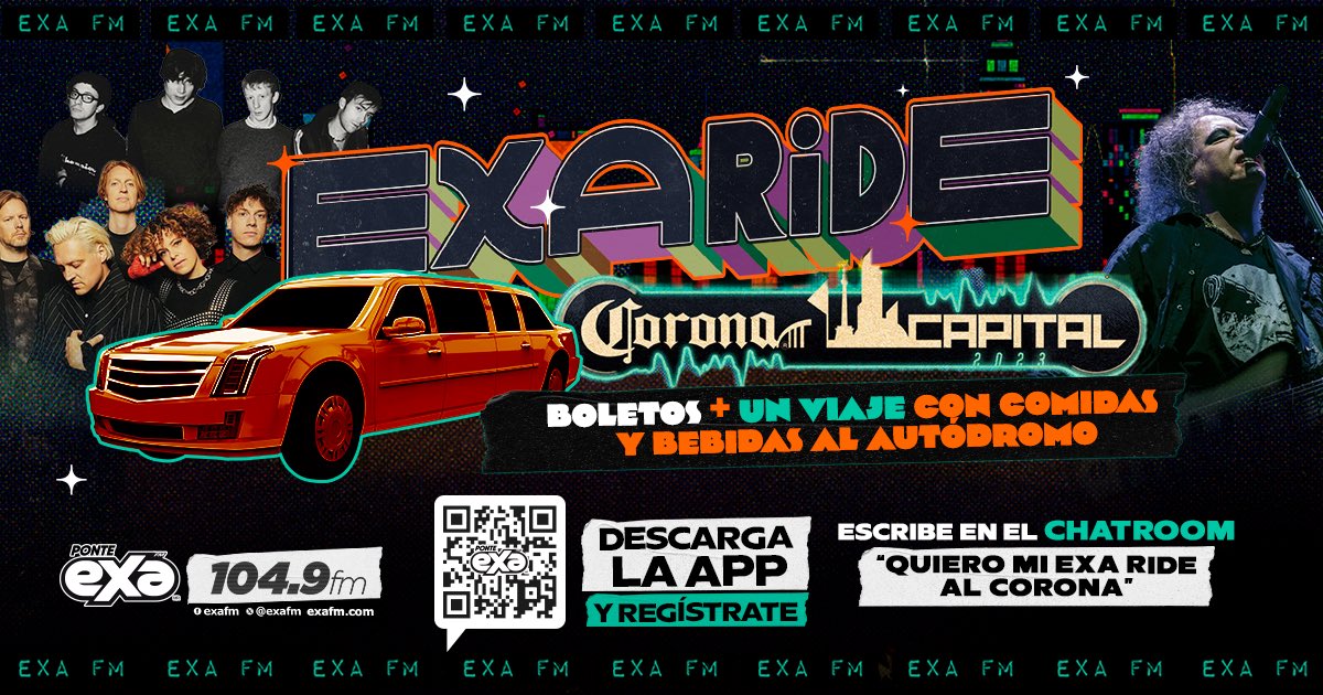 ExaFM's tweet photo. ¡Gana pases para el #ExaRide en el #CoronaCapital 🪩🔥🎶! Te llevamos a uno de los festivales más esperados del año 💿🔥📹 Escribe en el chatroom “Quiero mi Exa Ride al Corona” 🚘🎟️🎟️ https://t.co/hWOu9fybwT