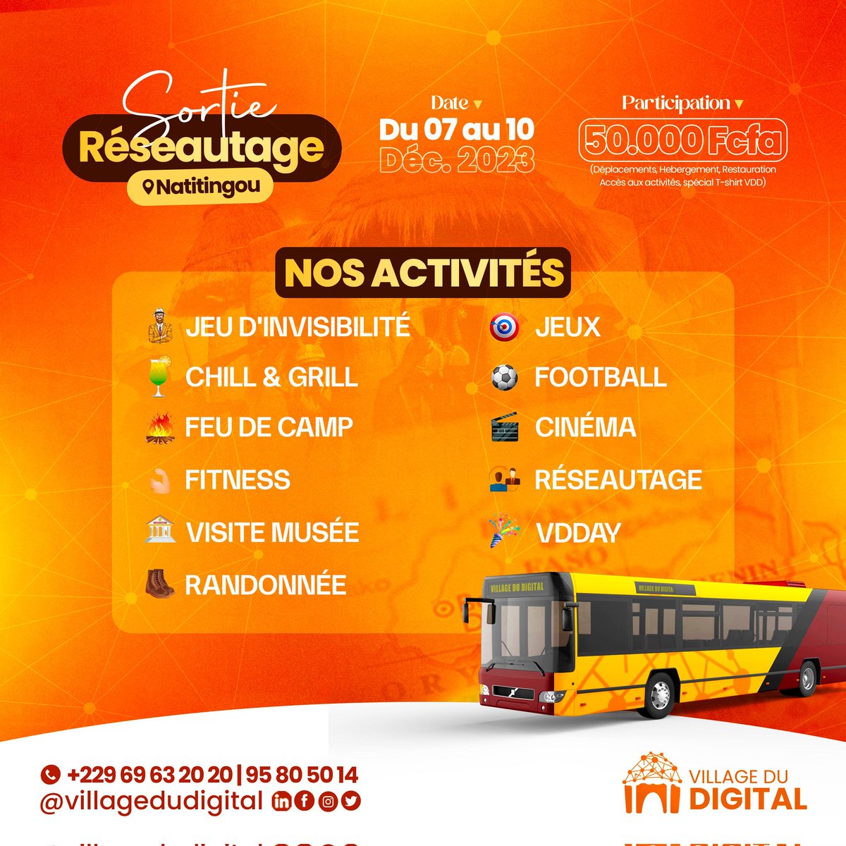 Le #VDDBenin2023 prépare une expérience inédite. Il s'annonce encore plus riche avec un tourbillon d'activités passionnantes ! 🌟

🕵️‍♂️ Le jeu de l'invisibilité: Ce jeu permettra à chaque participant de repartir avec au moins un souvenir d'un autre participant

🍹 Le Chill: C'est⤵️