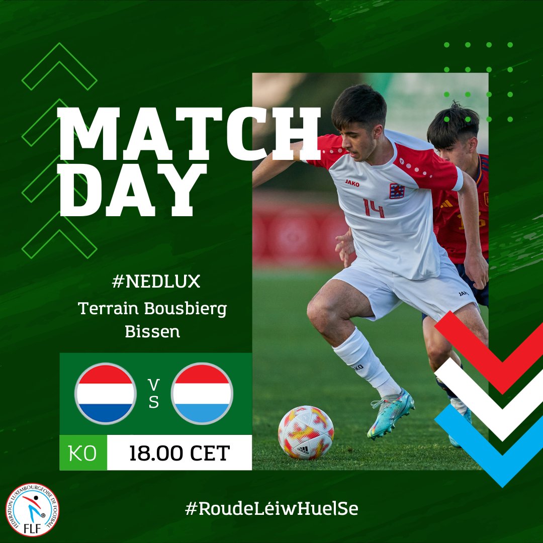 flf_lu's tweet photo. Den éischte Spilldag vun der U19 Qualifikatioun steet haut zu Biissen un🇳🇱🇱🇺
Kommt eis U19 Léiwen op den Terrain géint Holland ënnerstëtzen, Entrée ass gratis🔴🦁

📆 15.11.2023
⏰ 18:00 CET

#RoudeLéiwHuelSe #U19Léiwen #NEDLUX https://t.co/NGUP67vOIk
