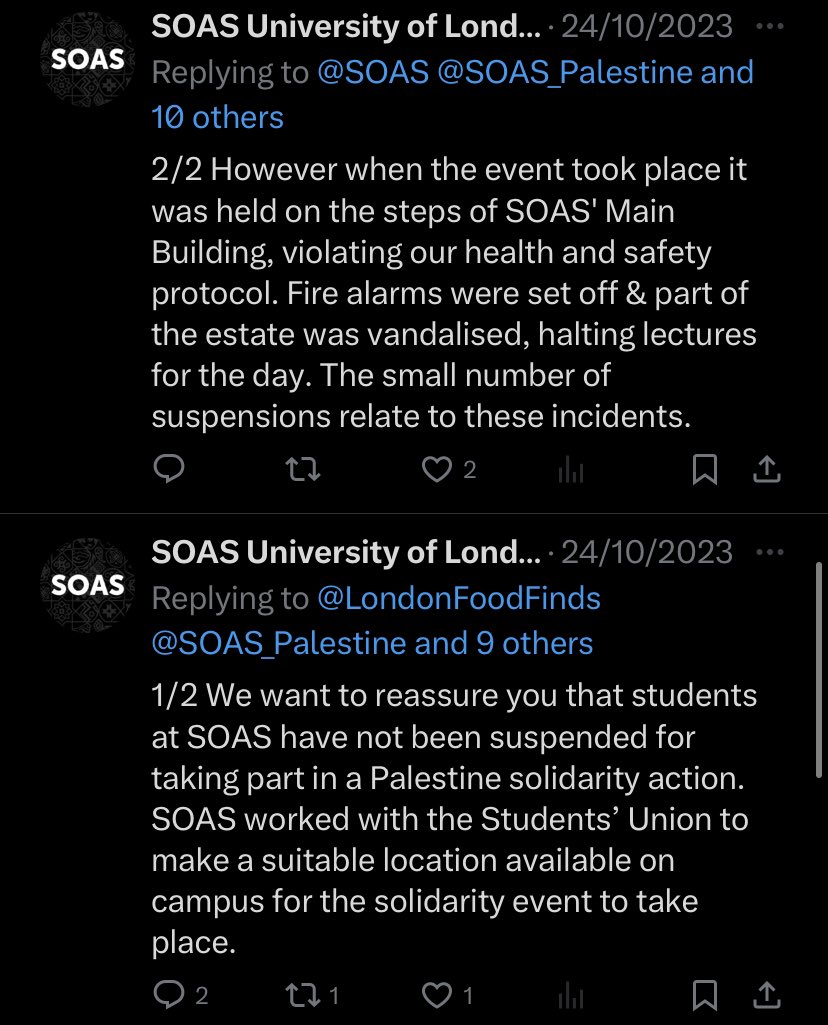 On October 9th, students held a peaceful rally in solidarity with the Palestinian people. Three days later, many were suspended, not allowed to attend classes and lectures. 

<a href="/SOAS/">SOAS University of London</a> has been shamelessly lying we vandalised &amp; set off fire alarm when it has been proven we haven’t.