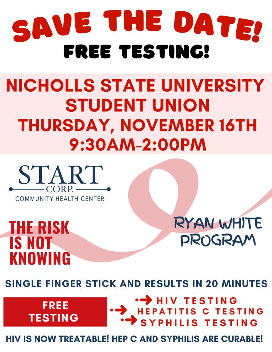 nicholls_uhs's tweet image. Start Corporation will be here on Thursday, November 16th conducting free STD testing! 

Stop by their table in the union to get tested, as well as to pick up some free resources and information about Start Corporation!

We hope to see you there! 👋

#HIVTesting #STDtesting