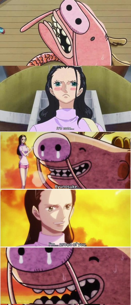 TheHikarino's tweet photo. Kabe Yamaguchi (el actor de voz de Usopp) tiene un hijo al que le encanta la serie de ONE PIECE y su personaje favorito es Nico Robin. 

El quería participar, al menos una vez en su vida, en la grabación de One Piece, por lo que Yamaguchi le hizo la promesa de que algún día lo apoyaría a cumplir su sueño.

Durante el arco de Zou, Kurozumi Kanjuro dibujó un dragón llamado "Ryunosuke", que a Nico Robin le gustó y dijo que era lindo, e incluso se conmovió cuando terminó su papel.

En ese momento, el actor de doblaje de Usopp presentó una solicitud para que su hijo interpretara la voz del dragón Ryunosuke, a lo que el estudio TOEI aceptó de inmediato porque encajaba con una idea muy hermosa.

Luego de finalizar la grabación de audio, dijo el padre (Usopp) en un comentario que publicó en su blog (Hoy estuve trabajando con mi hijo, tomé esta foto a escondidas).

Hay 3 razones por las que el estudio acordó que su hijo asumiera el papel del personaje del dragón Ryunosuke, que son:

1- El hijo de Yamaguchi ama el personaje de Nico Robin, y hubo una escena muy conmovedora entre los dos personajes, donde Nico Robin le dice (Estoy orgulloso de ti, Dragón Ryunosuke), como si el personaje estuviera orgulloso de la voz. actor, quien a su vez adora el personaje de Nico Robin, que también es el nombre de su actriz de voz (Yamaguchi).

2- Hay una escena entre Usopp y el dragón Ryunosuke, donde Usopp lo anima a llegar a la cumbre de Zunisha a pesar del cansancio y las dificultades, y es una escena que refleja lo que hay detrás de escena, como si el padre estuviera animando a su hijo. hacer un gran esfuerzo para lograr su objetivo.  

3- El nombre del personaje es el dragón Ryunosuke, al igual que el nombre del actor de voz: Ryunosuke Yamaguchi.  

Así, el padre cumplió su promesa a su hijo de la manera más hermosa posible.