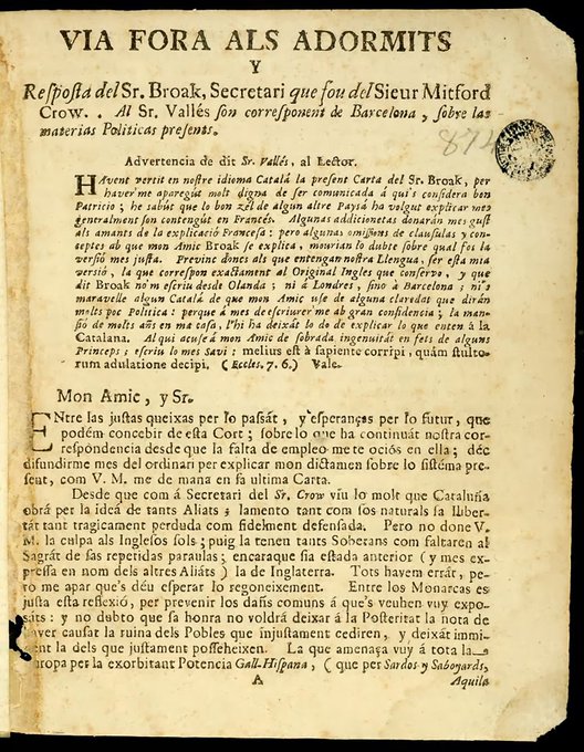 "Via fora als adormits", opuscle antiborbònic publicat el 1734, una crida a la defensa dels drets i llibertats arrabassats el 1714, reclamació dels territoris lliurats per Castella a França i reivindicació d'una república lliure a Catalunya.
