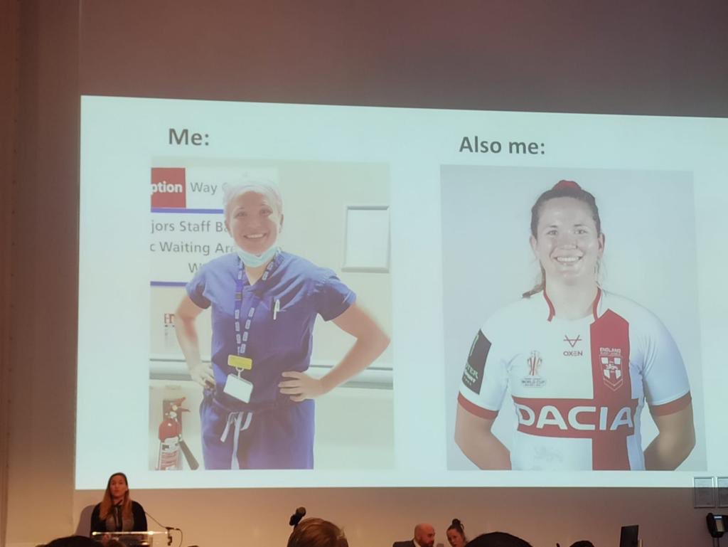 My incredibly talented friend <a href="/lummers_91/">Emma</a> presenting the benefits of parallel careers as surgeons at #BAUSOnc2023. An elite rugby player &amp; general surgery trainee. We need to foster a culture where diversity and alternative skill sets are celebrated <a href="/BAUSurology/">BAUS</a> <a href="/ASiTofficial/">ASiT</a>