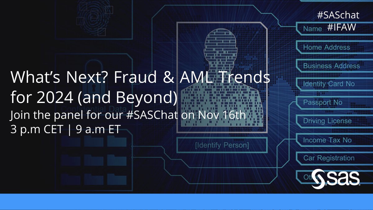Do you know how the latest trends in the “global scam economy” will influence anti-fraud strategies in banking, government, health care and insurance? Join SAS’ Stu Bradley and other fraud experts on Twitter/X for a #SASchat
2.sas.com/6018uxotK #IFAW
